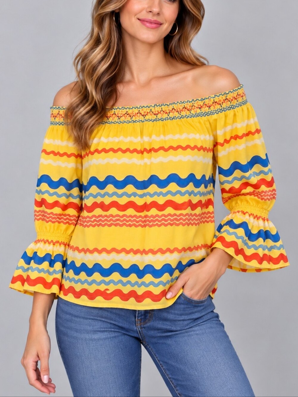Flying TOMATO Canary Yellow Rainbow Striped Off Shoulder Peasant Fiesta Crop Top